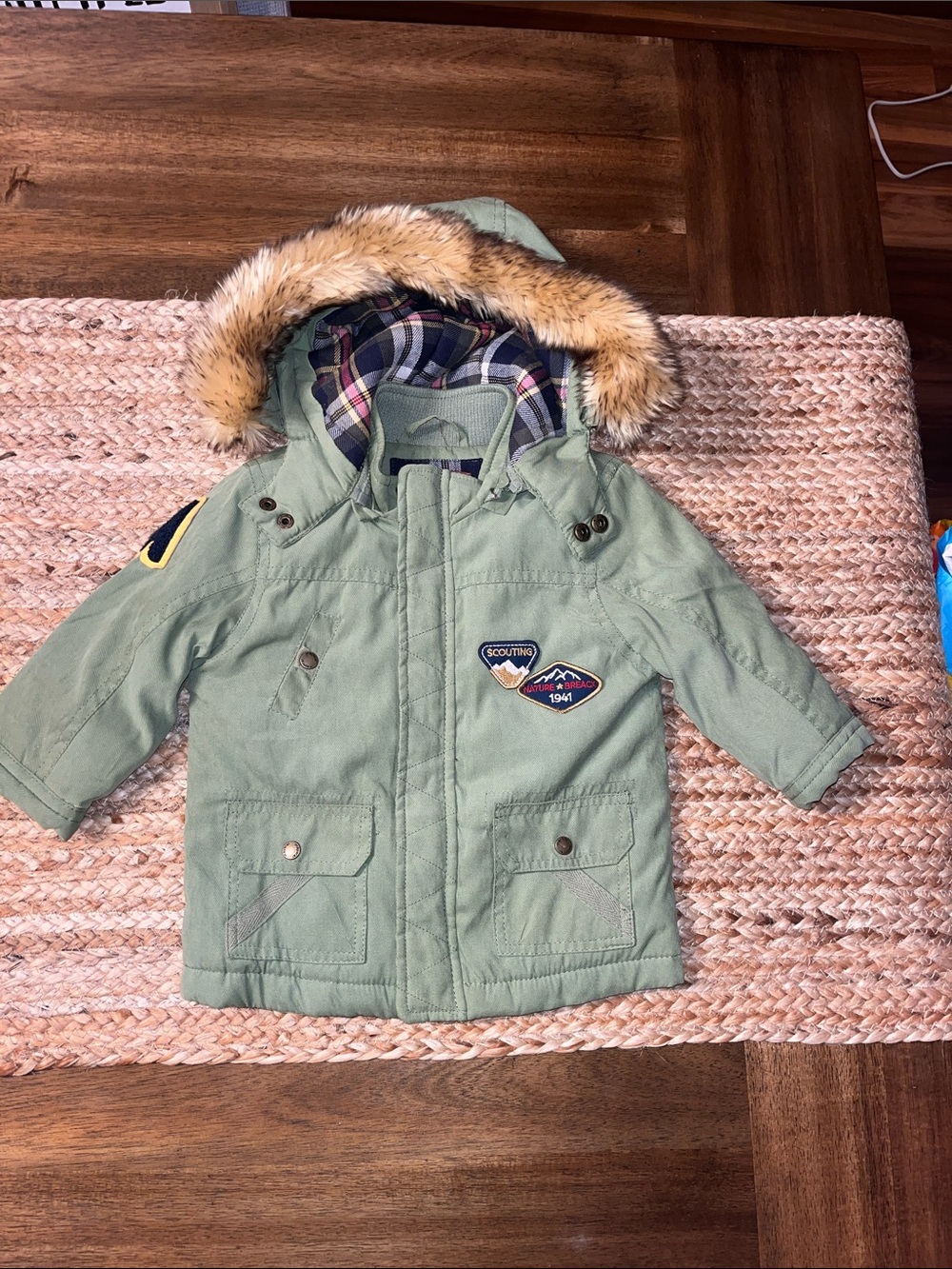 Mayoral Sage Green Hooded  Coat with Faux-Fur Trim size 6m